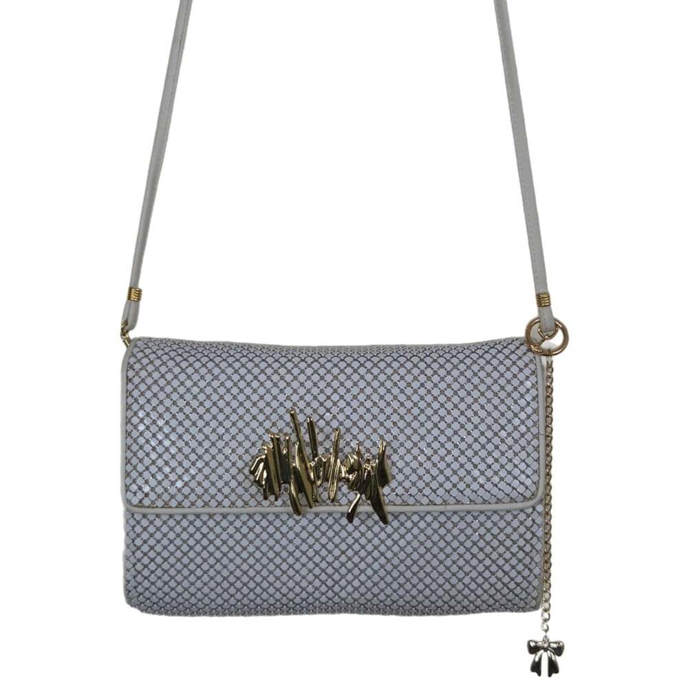 Whiting & Davis Crossbody Bag White Metal Mesh Gold Brooch and Charm